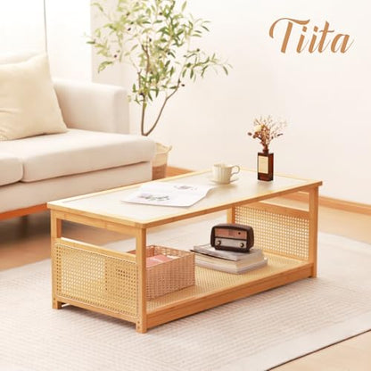 Coffee Tables for Living Room，Mid Century Modern Storage 2-Tier Coffee Tables，Rattan Glass RectangleTables，Suitable for Living Room Apartment，Wood