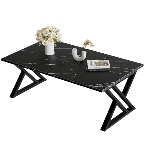Coffee Table Living Room Table Black Center Table, Simple Modern Faux Marble Rectangular Tea Table with Sturdy Black-Finished Metal Frame,Industrial Wooden Coffee Table for Bedroom Home Office