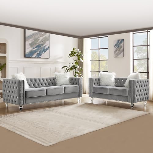 83" Chesterfield Sofa, Velvet Mid-Century Modern Upholstered Couch with 2 Throw Pillows and Acrylic Legs, Nailhead Button Tufted Vintage Sofa for Living Room, Apartment, Office, Grey