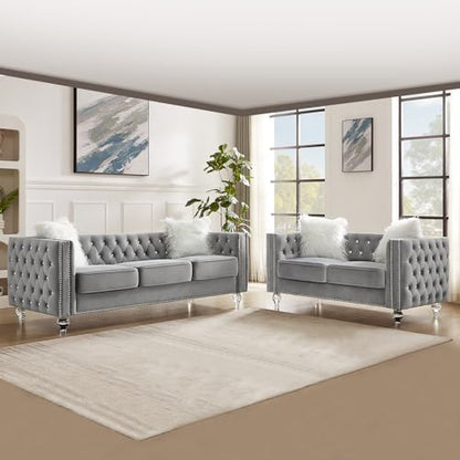 83" Chesterfield Sofa, Velvet Mid-Century Modern Upholstered Couch with 2 Throw Pillows and Acrylic Legs, Nailhead Button Tufted Vintage Sofa for Living Room, Apartment, Office, Grey