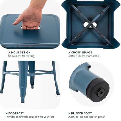 24 Inch Metal Bar Stools, Backless Counter Height Barstools, Indoor Outdoor Stackable Stools with Square Seat, Set of 2 (Distressed Deep Blue)