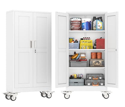 Metal Storage Cabinet with Wheels,Tall Rolling Garage Storage Cabinet with 2 Doors and 3 Adjustable Shelves - 61" Steel Lockable File Cabinet,Locking Tool Cabinets for Garage,Office,Gym,School(White)