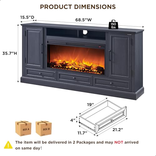 35.7" Tall Farmhouse Fireplace TV Stand for 80 Inch TV Living Room, Black, view 3