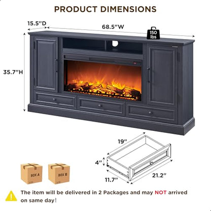35.7" Tall Farmhouse Fireplace TV Stand for 80 Inch TV Living Room, Black, view 3