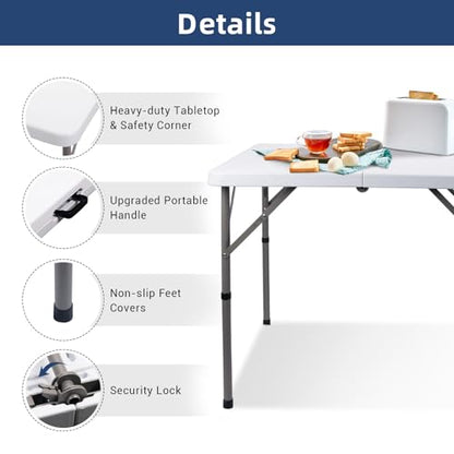 34" Square Folding Card Table, Fold-in-Half Utility Dining Portable Table Heavy Duty HDPE White Plastic Foldable with Carrying Handle Indoor Outdoor for Picnic, Camping, Party