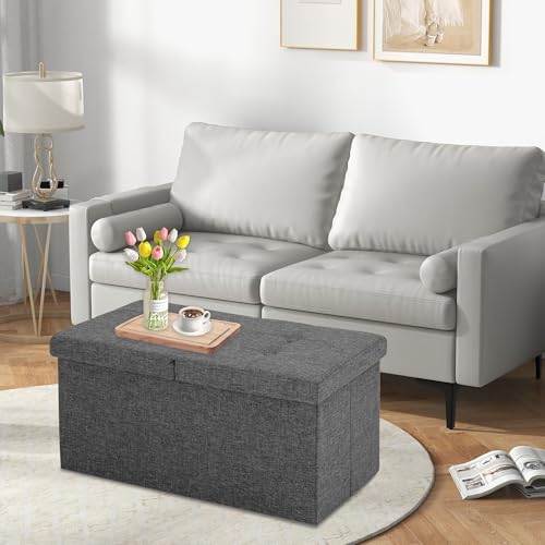 30 Inches Storage Ottoman Bench with Flipping Lid, Linen Foldable Storage Footrest, Ottoman with Storage for Living Room Holds up to 330lbs, Dark Grey