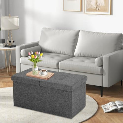 30 Inches Storage Ottoman Bench with Flipping Lid, Linen Foldable Storage Footrest, Ottoman with Storage for Living Room Holds up to 330lbs, Dark Grey