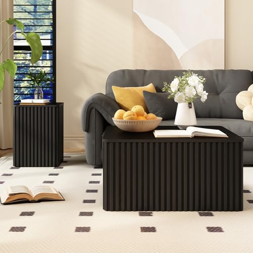 Fluted Square Coffee Table with Storage, Large Wood Center Table with Solid Wood Veneer Top, Mid Century Modern Low Coffee Table for Living Room, Black