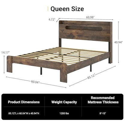 Wooden Queen Size Bed Frame with Storage Headboard, view 3