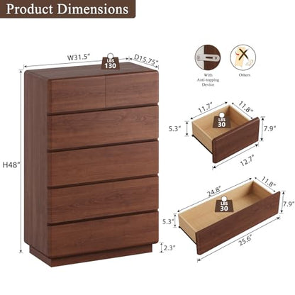 Walnut 6 Drawer Dresser for Bedroom, 48" Tall Chest of Drawers, view 3