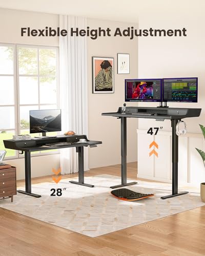Electric Standing Desk with Drawers, 48″ x 24″ Gaming Table Compatible Monitor Stand, Stand up Desks, Home Office Height-Adjustable Desk with Storage Shelf, 4 Preset Heights, Black