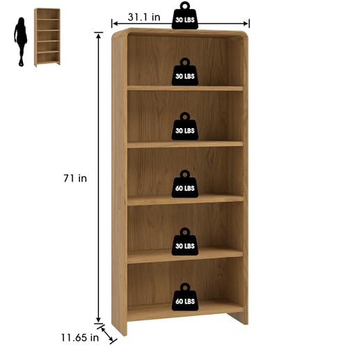 71" Tall Bookcase 5 Shelves Wood Bookshelf with Curved Soft Edges, view 3
