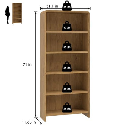 71" Tall Bookcase 5 Shelves Wood Bookshelf with Curved Soft Edges, view 3