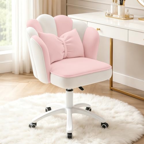 Vanity Chair with Wheels Velvet Petal Desk Chair Upholstered Tufted Home Office Chair for Women Girls, Height Adjustable Makeup Task Chair for Bedroom Living Room, Pink White