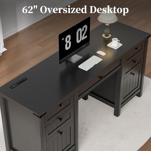 Executive Desk, Modern Farmhouse Computer Desk with Drawers & Cabinet, Home Office Desk for Work Study Writing Workspace (Black, 62")