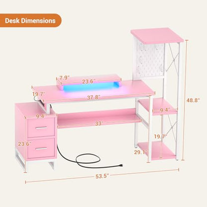Computer Desk with 2 Fabric Drawers - Reversible Home Office Desk with Power Outlet & LED Lights, 53" Writing Desk with Monitor Stand & Storage Shelves, Gaming Desk Study Table with Pegboard, Pink