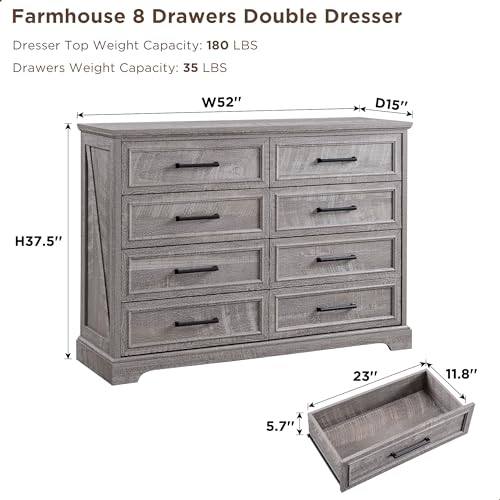 Farmhouse 8 Drawers Dresser Chests for Bedroom, Gray, view 3