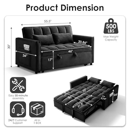 3 in 1 Convertible Sleeper Sofa Bed, 55" Pull Out Couches, Modern Loveseat Sleeper Sofa with Adjustable Reclining Backrest & Side Pockets for Living Room, Velvet Fabric, Black