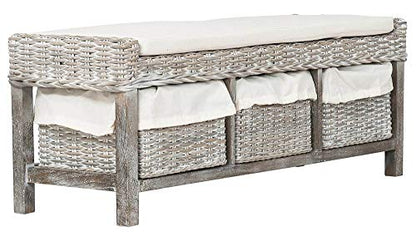 Safavieh FOX6537A Home Collection Kobutsu Rattan Storage Bench, White/Grey Wash