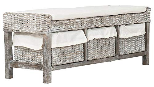 Safavieh FOX6537A Home Collection Kobutsu Rattan Storage Bench, White/Grey Wash