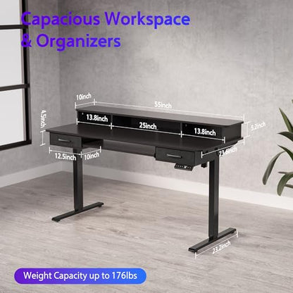 55x24 Inches Electric Standing Desk with Keyboard Tray, Height Adjustable Stand up Desk with 2 Drawers, Ergonomic Sit to Stand Desk with Storage Monitor Stand, Computer Table, Black