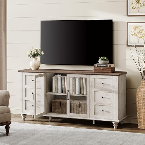TV Stand for 65 Inch TV, TV Cabinet with Glass Door, Antique White, view 4