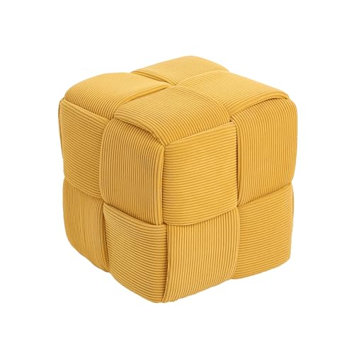 15" Square Woven Corduroy Ottoman Footrest - Modern Vanity Stool for Living Room & Entryway, Eco-Friendly Wood Frame, No Assembly (Yellow)