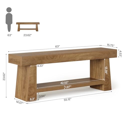 Tribesigns Wooden Entryway Bench with Shoe Storage, 63" Long 2-Tier Farmhouse Indoor Seating Bench with Open Shelves for Hallway, Foyer, End of Bed Stool for Bedroom, Brown