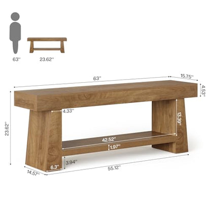 Tribesigns Wooden Entryway Bench with Shoe Storage, 63" Long 2-Tier Farmhouse Indoor Seating Bench with Open Shelves for Hallway, Foyer, End of Bed Stool for Bedroom, Brown