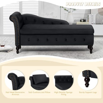 Velvet Chaise Lounge w/Left Armrest & Storage Space, Black, view 7