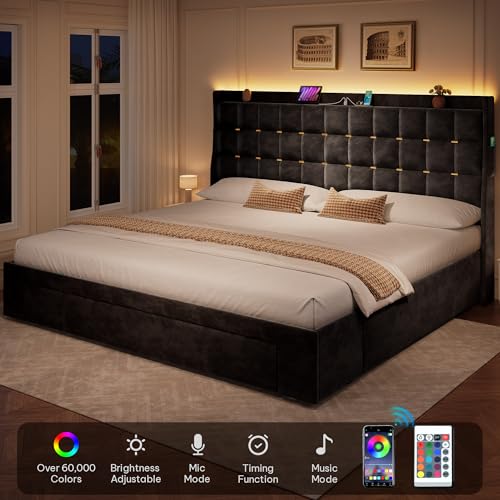 King Size Bed Frame with 3 Storage Drawers and RGB LED Lights, view 4