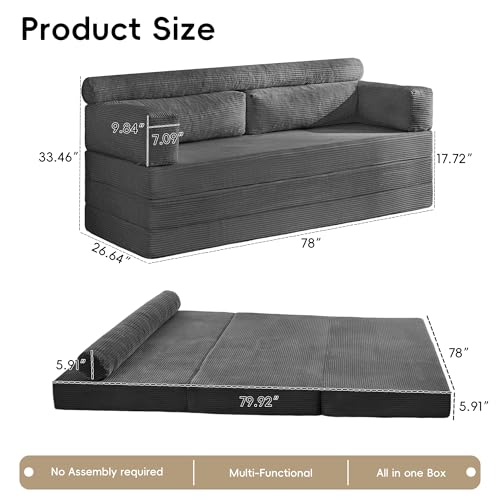 5-in-1 Convertible Sofa Bed, 78" Boneless Couch Tri Folding Mattress with Removable L-Shaped Armrests, Corduroy Futon Couch Sleeper with Pull Out Bed for Living Room Bedroom Apartment, Grey