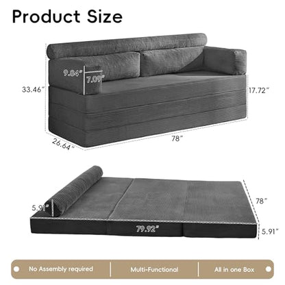 5-in-1 Convertible Sofa Bed, 78" Boneless Couch Tri Folding Mattress with Removable L-Shaped Armrests, Corduroy Futon Couch Sleeper with Pull Out Bed for Living Room Bedroom Apartment, Grey