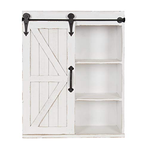 Cates Modern Farmhouse Decorative Wood Wall Storage Shelving Cabinet with Sliding Barn Door, Rustic White