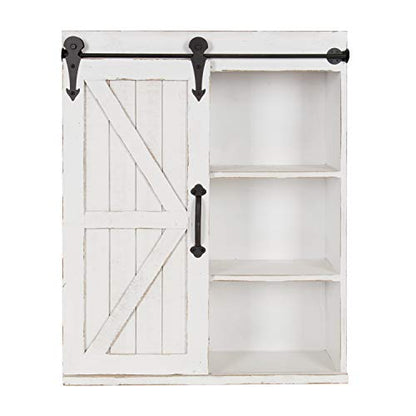 Cates Modern Farmhouse Decorative Wood Wall Storage Shelving Cabinet with Sliding Barn Door, Rustic White