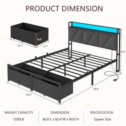 Queen Bed Frame with 2 Storage Drawers & Upholstered Headboard, view 3
