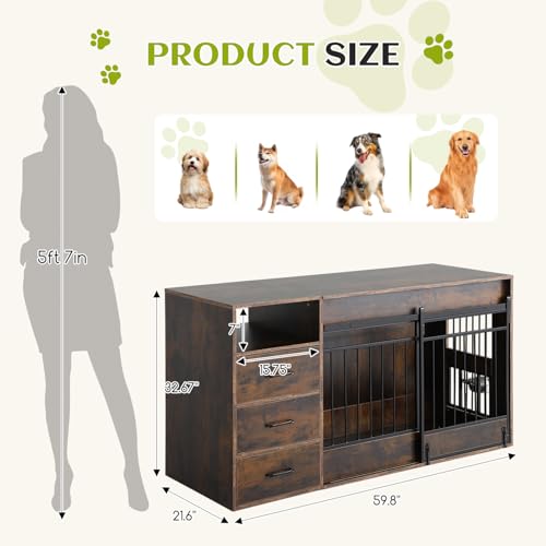 59.8 Inch Large Dog Crate Furniture with 3 Storage Drawers, view 3