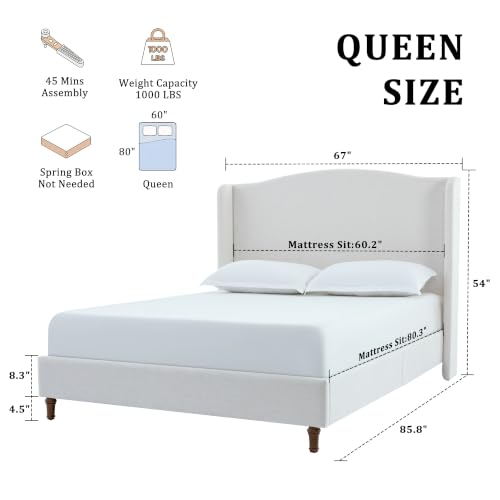 Queen Size Upholstered Platform Bed Frame with 54" Tall Wingback Headboard, view 3