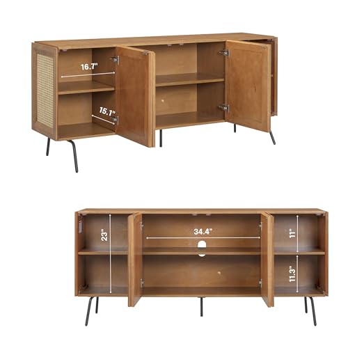 MOSSIC Modern Sideboard with 4 Doors, Natural Rattan Storage Cabinet, Buffet with Metal Legs, Boho Accent Cabinet for Living Room, and Entryway, Effortless Assembly, Teak Look