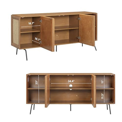 MOSSIC Modern Sideboard with 4 Doors, Natural Rattan Storage Cabinet, Buffet with Metal Legs, Boho Accent Cabinet for Living Room, and Entryway, Effortless Assembly, Teak Look