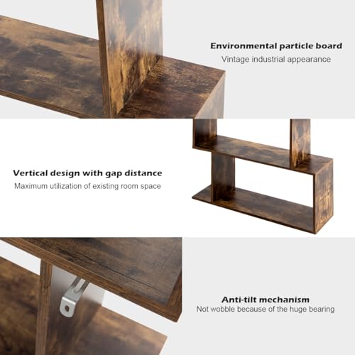 6-Tier Geometric Bookcase, Modern S-Shaped Storage Display Bookshelf for Living Room, Anti-Toppling Device, Home Office Wooden 6 Shelf Open Bookcase (1, Coffee)