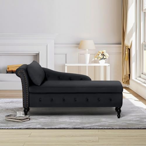 Velvet Chaise Lounge w/Left Armrest & Storage Space, Black, view 6