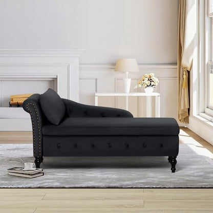 Velvet Chaise Lounge w/Left Armrest & Storage Space, Black, view 6