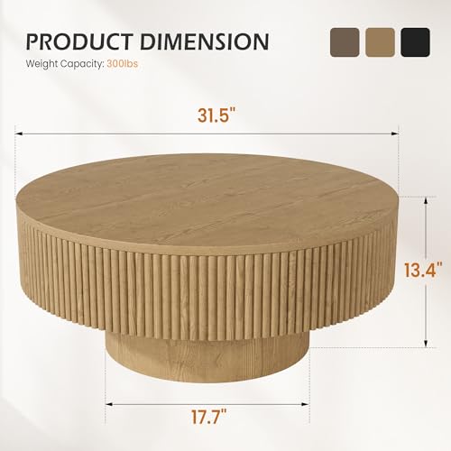 31.5” Round Fluted Coffee Table, Modern Wood Circle Coffee Table, Veneer Handcrafted Relief Tea Table with Sturdy Pedestal for Living Room - Natural