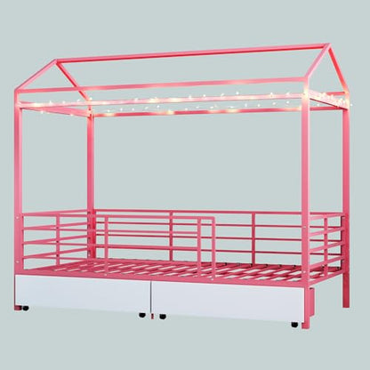 LUMISOL Twin House Bed Frame with Drawers & Guardrail, Metal House Platform Bed with Storage, Pink