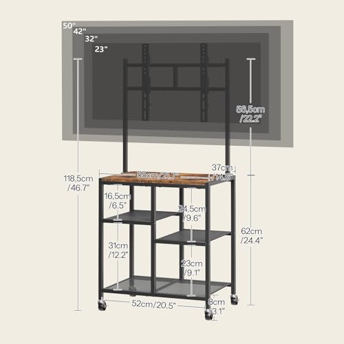 Small TV Stand with Wheels and Mount for 50 Inch TVs, Mobile Rolling TV Stand with Storage Shelves, Small Entertainment Center, for Living Room, Bedroom, Study, Rustic Brown BF37DS01