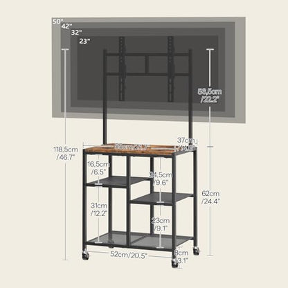 Small TV Stand with Wheels and Mount for 50 Inch TVs, Mobile Rolling TV Stand with Storage Shelves, Small Entertainment Center, for Living Room, Bedroom, Study, Rustic Brown BF37DS01