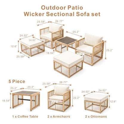 5 Piece Patio Furniture Set, Outdoor Sectional Sofa Set with 2 Ottomans, Coffee Table, Washable Cushions, All Weather Patio Wicker Conversation Set with Arm Chairs for Backyard, Porch, Balcony, Deck