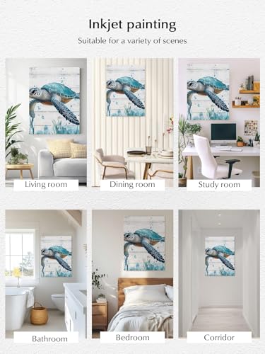 NuYeBiofx Ocean Blue Turtle Wood Grain Canvas Wall Art Prints,48"x32" Framed Picture Artwork Teal Marine Life Seaweed Printed Canvas Oil Painting for Living Room Bedroom Office,Ready to Hang