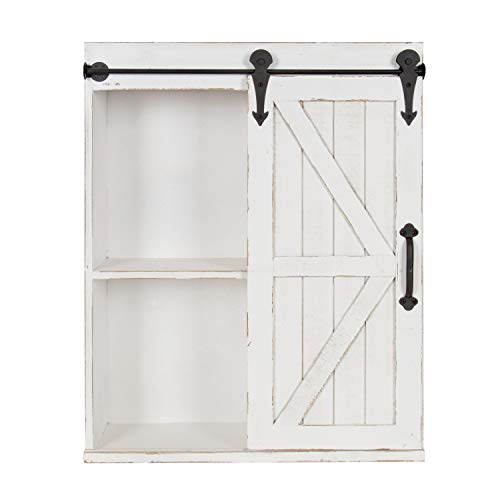 Cates Modern Farmhouse Decorative Wood Wall Storage Shelving Cabinet with Sliding Barn Door, Rustic White
